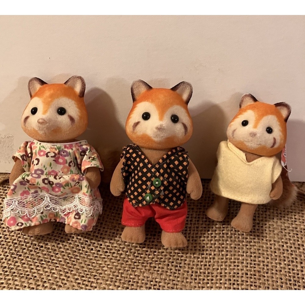 Calico Critters Sylvanian 3 Rare Red Panda Family Vintage Flocked